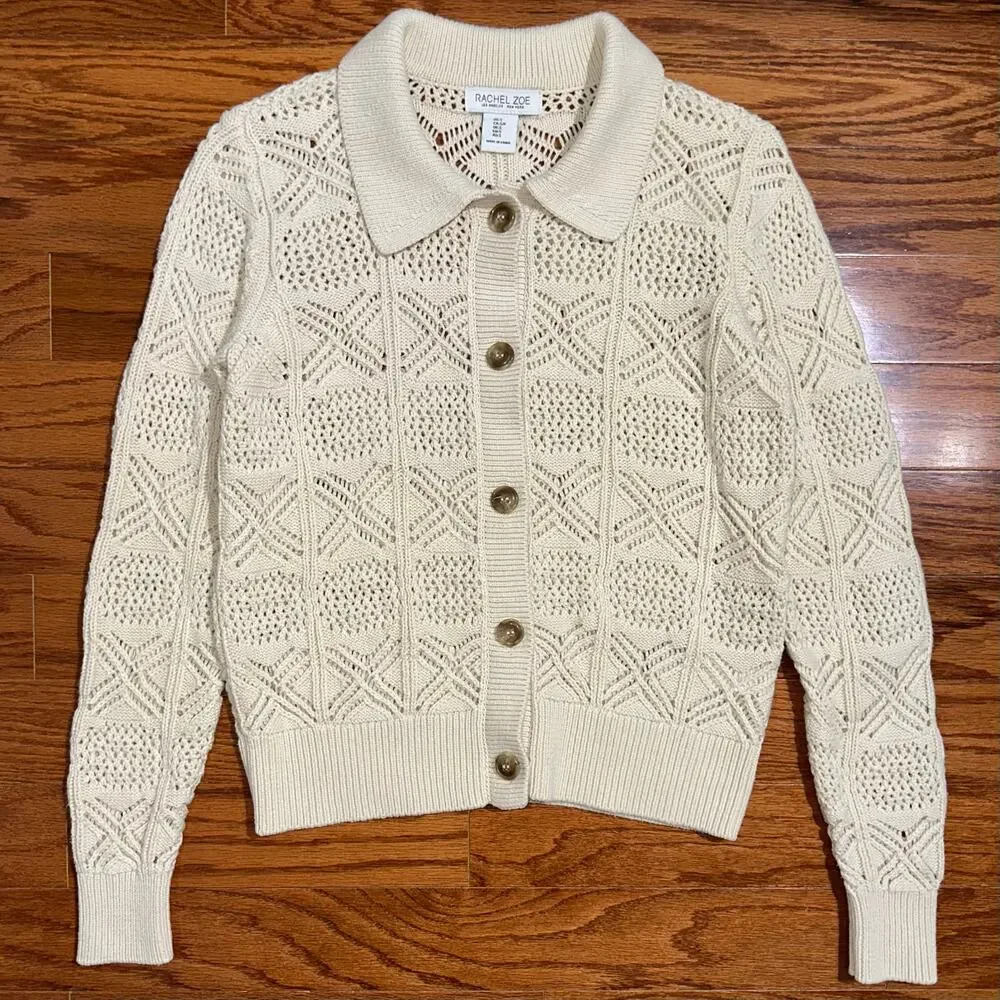 Rachel Zoe Cream Cotton Blend Knit Button Front Sweater Size Small - Picture 7 of 12